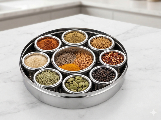 Firangi C-Thru Masala Dabba | Stainless Steel Spice Box with Clear Lid | 9 Compartments