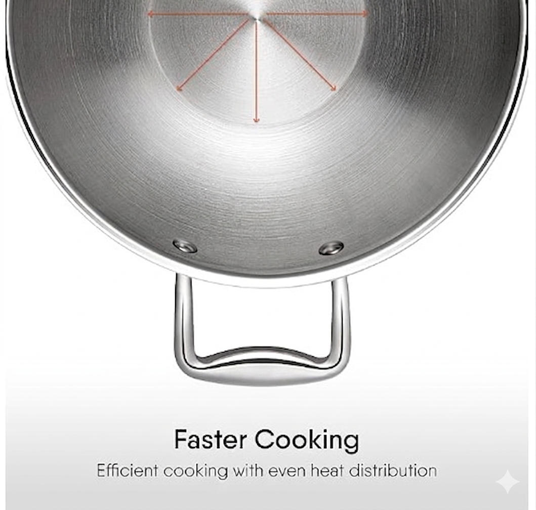 Cheftone Triply Stainless Steel Deep Kadai | Induction & Gas Compatible | No Coating
