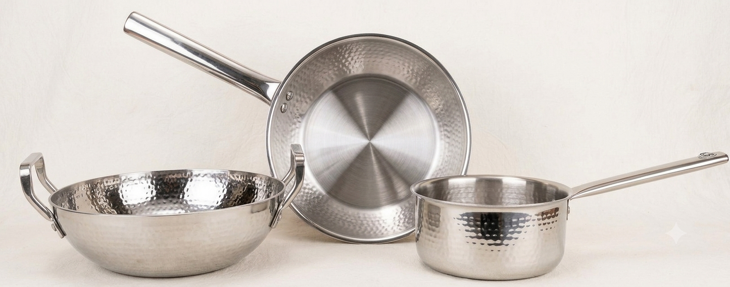 Shri & Sam Premium Triply Hammered Cookware Set – Kadai, Saucepan & Frypan