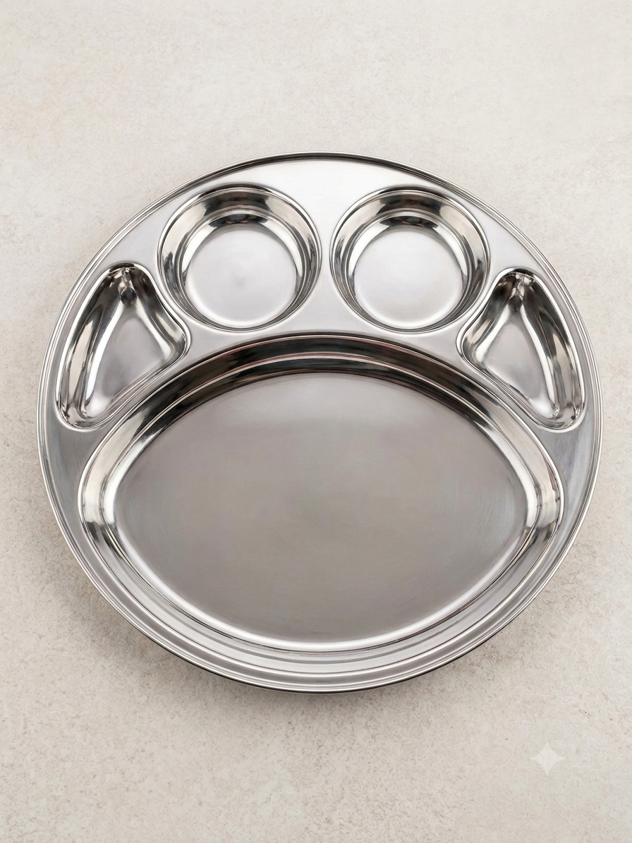 5-in-1 Stainless Steel Compartment Thali Set, 4 Sizes Available