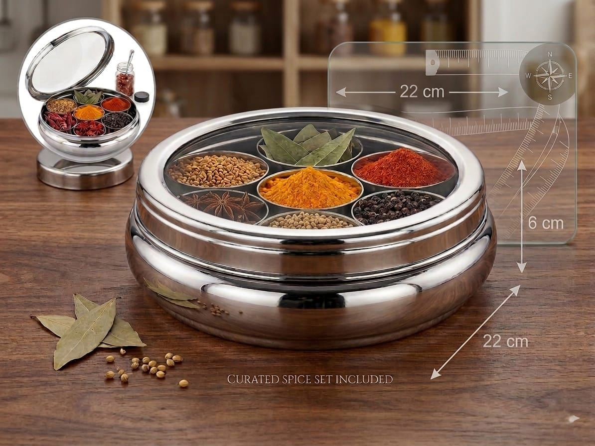 Punjabi Spice Box with Transparent Lid | 7 Spice Containers | Rust-Proof | Stainless Steel Masala Dabba