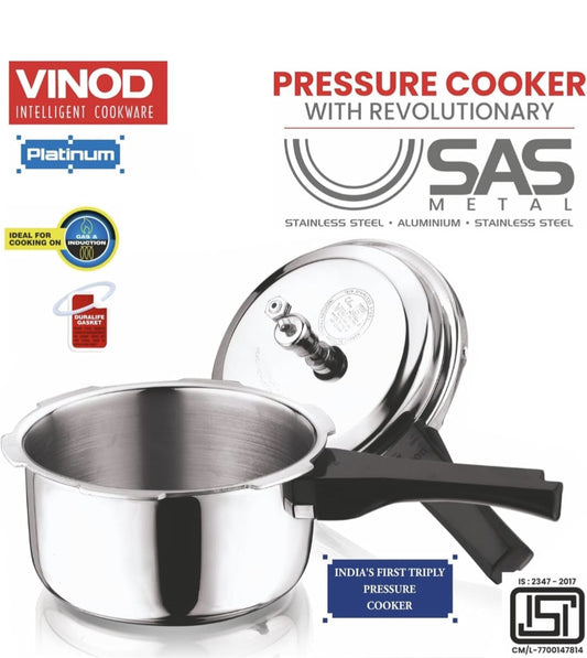 Vinod SS Platinum Triply Pressure Cooker | Induction Compatible | Stainless Steel | Tri-ply