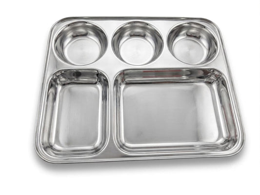 Stainless Steel Dinner Plate | Square 5 Compartment Bhojan Thali | 2 Sizes