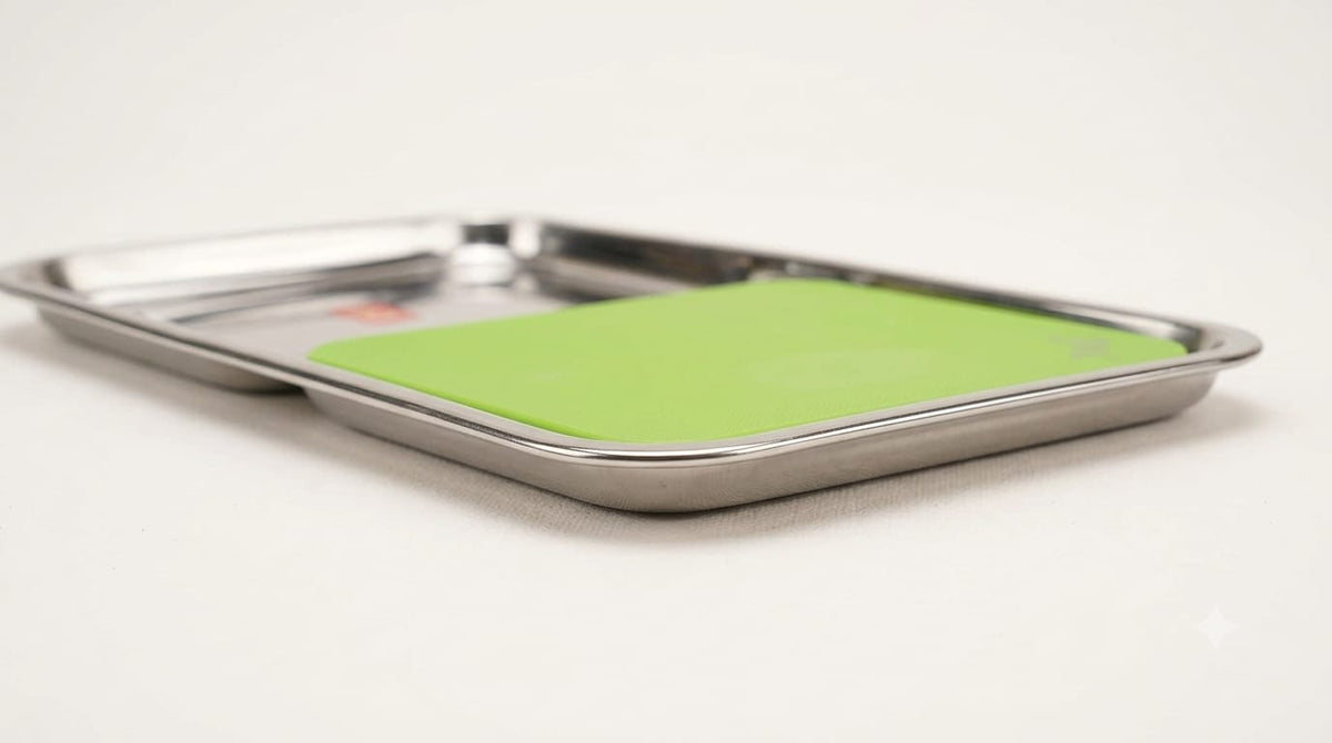 JVL Stainless Steel Chopping Tray with Cutting Board | 2-in-1 Vegetable Cutting & Serving Tray | Food Grade Steel