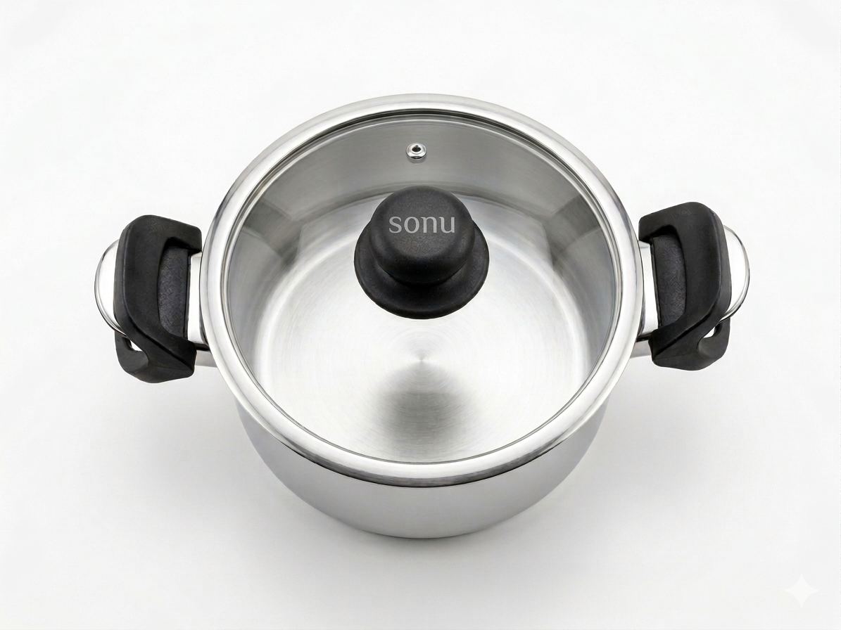 Sonu Stainless Steel Idli Steamer Pot | Glass Lid + Strainer Lid | 4 Plates | Mirror Finish | Gas & Induction Compatible