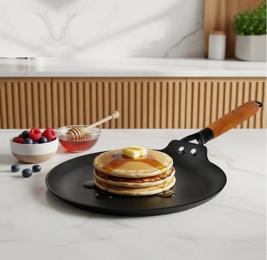 Embassy Touchstone Cast Iron Dosa Tawa with Wooden Handle | Pre-Seasoned, Naturally Non-Stick | Gas & Induction Compatible