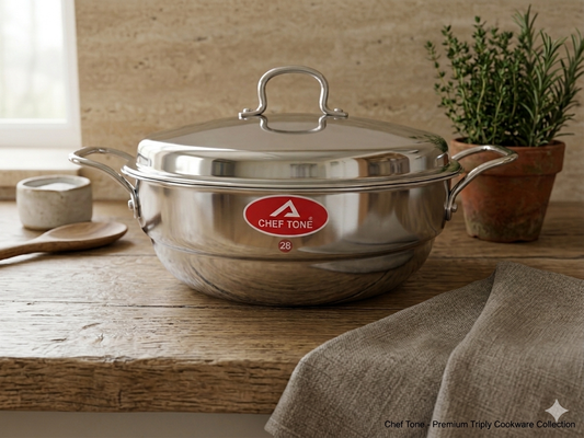 ChefTone Triply Multi Kadai Set with Idli, Thatte Idli, Mini Idli & Steamer Plates — 7-in-1 Stainless Steel Cookware, Induction & Gas Compatible