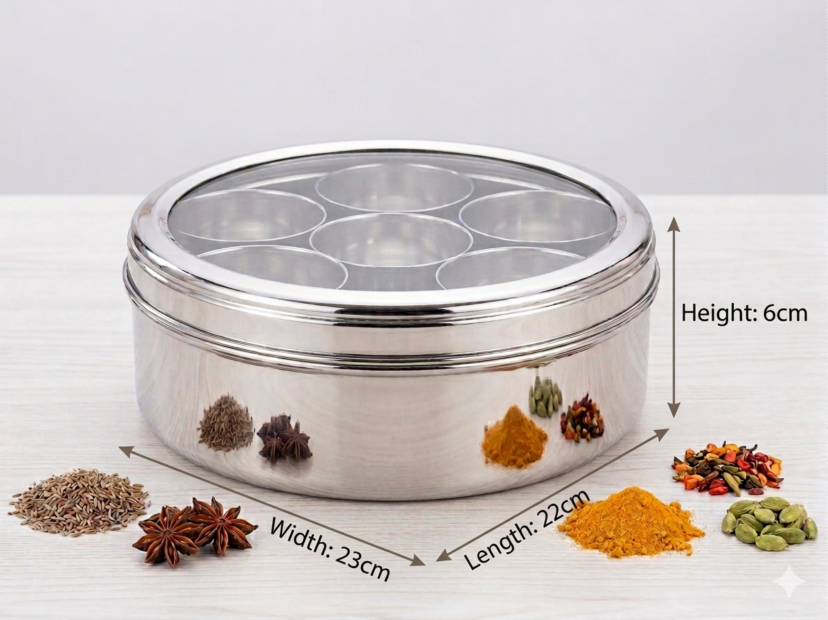 Firangi C-Thru Masala Dabba | Stainless Steel Spice Box with Clear Lid | 9 Compartments