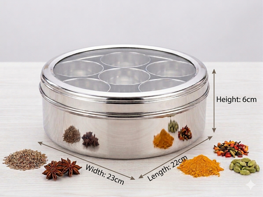 Firangi C-Thru Masala Dabba | Stainless Steel Spice Box with Clear Lid | 9 Compartments