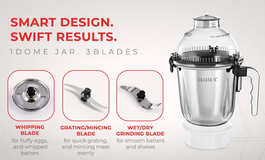 Sujata Dynamix dome-shaped jar with 3 stainless steel blades for wet grinding