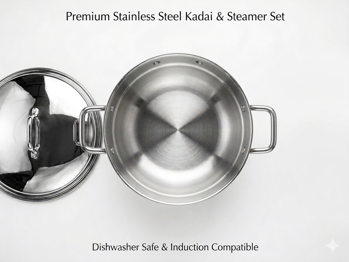 ChefTone Triply Multi Kadai Set with Idli, Thatte Idli, Mini Idli & Steamer Plates — 7-in-1 Stainless Steel Cookware, Induction & Gas Compatible