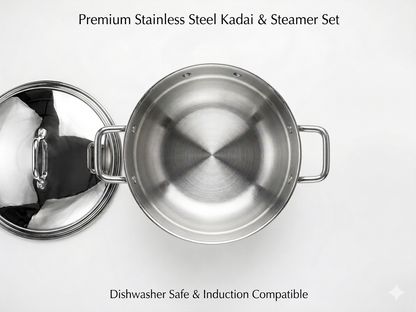 ChefTone Triply Multi Kadai Set with Idli, Thatte Idli, Mini Idli & Steamer Plates — 7-in-1 Stainless Steel Cookware, Induction & Gas Compatible