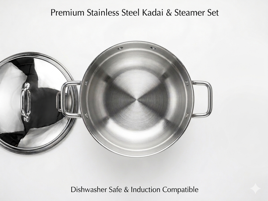 ChefTone Triply Multi Kadai Set with Idli, Thatte Idli, Mini Idli & Steamer Plates — 7-in-1 Stainless Steel Cookware, Induction & Gas Compatible