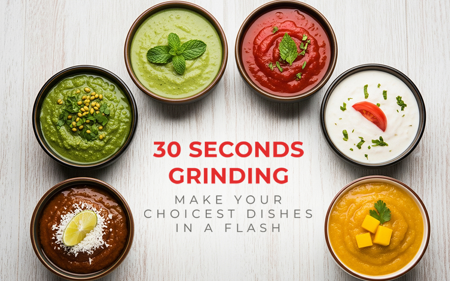 Fresh chutneys in bowls made with Sujata Dynamix mixer grinder