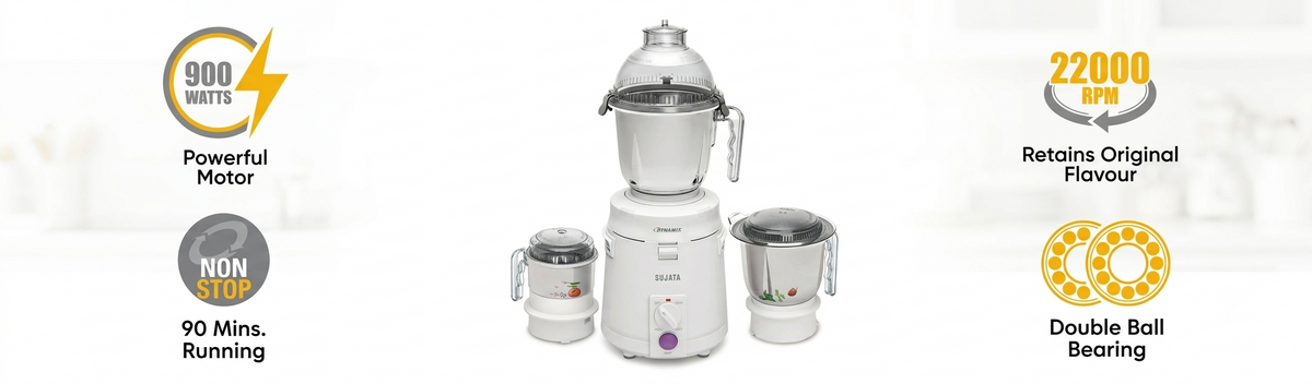 Sujata Dynamix 900W mixer grinder in white with 3 stainless steel jars and key features