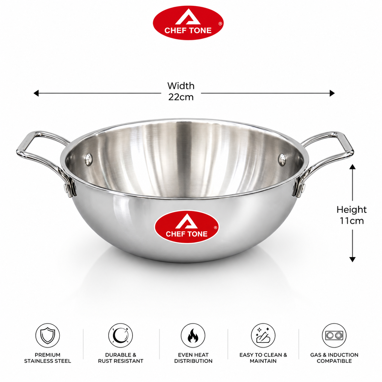 Cheftone Triply Stainless Steel Deep Kadai | Induction & Gas Compatible | No Coating