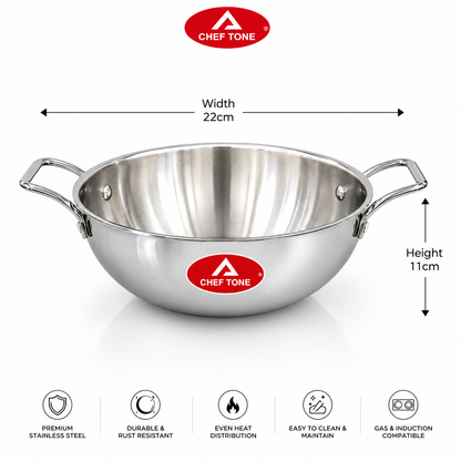 Cheftone Triply Stainless Steel Deep Kadai | Induction & Gas Compatible | No Coating