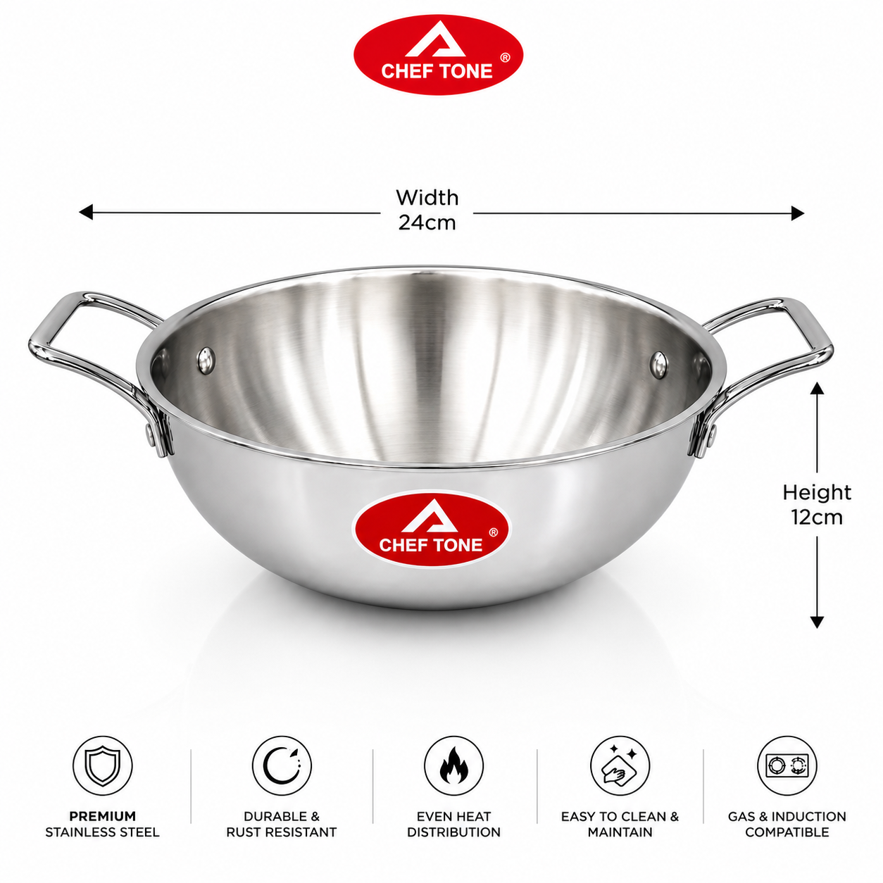 Cheftone Triply Stainless Steel Deep Kadai | Induction & Gas Compatible | No Coating