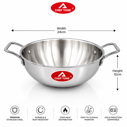 Cheftone Triply Stainless Steel Deep Kadai | Induction & Gas Compatible | No Coating
