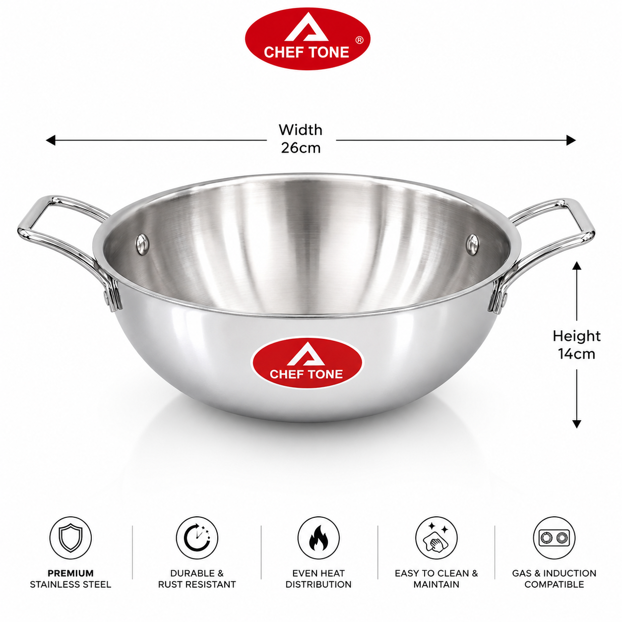 Cheftone Triply Stainless Steel Deep Kadai | Induction & Gas Compatible | No Coating