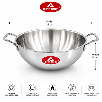 Cheftone Triply Stainless Steel Deep Kadai | Induction & Gas Compatible | No Coating