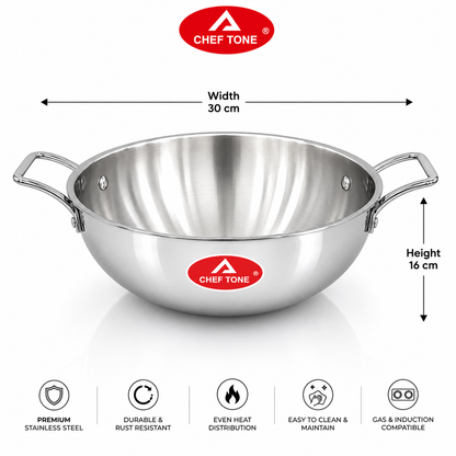 Cheftone Triply Stainless Steel Deep Kadai | Induction & Gas Compatible | No Coating