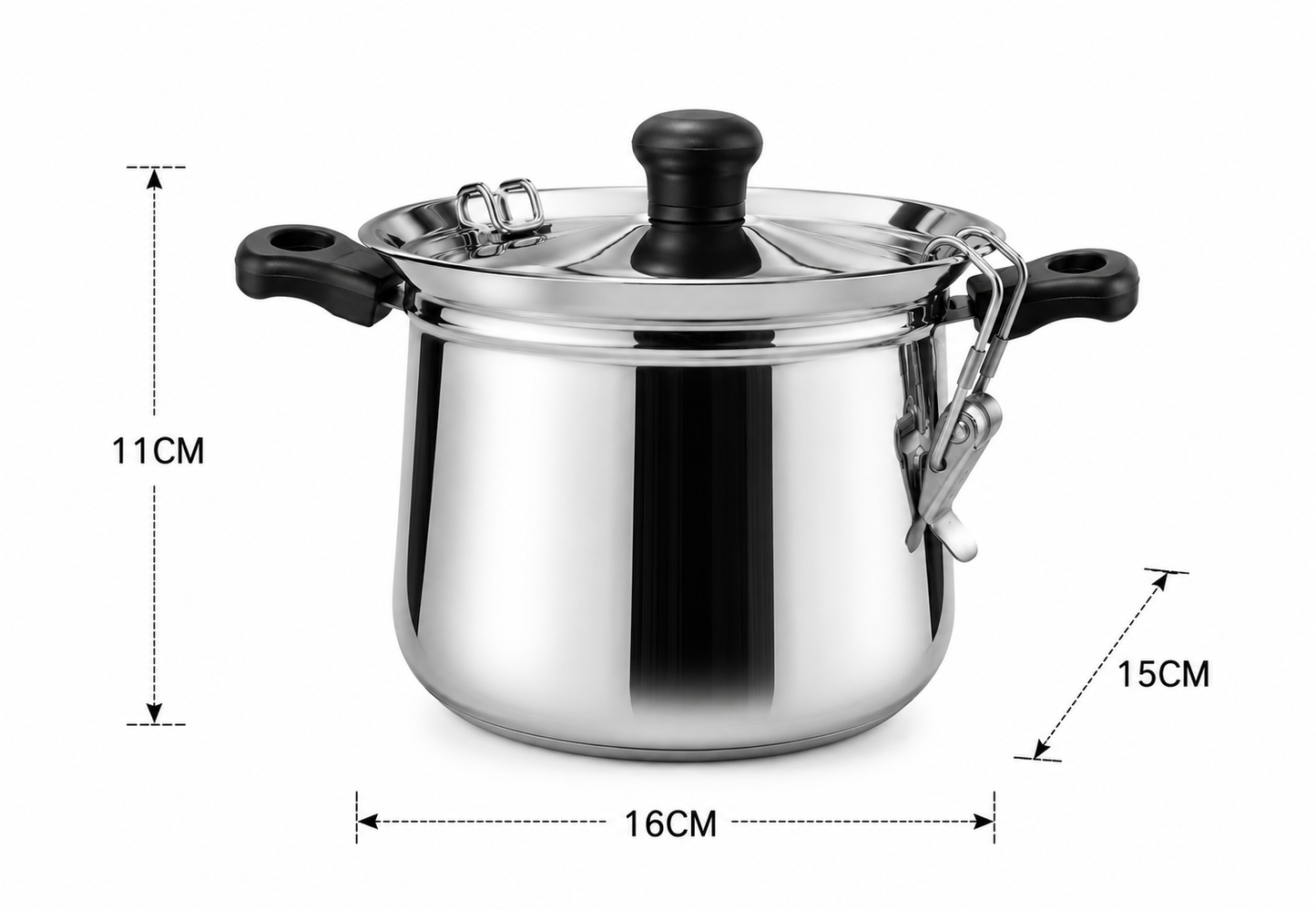 Stainless Steel Rice Steamer with Safety Lock Clip, Strainer Lid & Riveted Handle