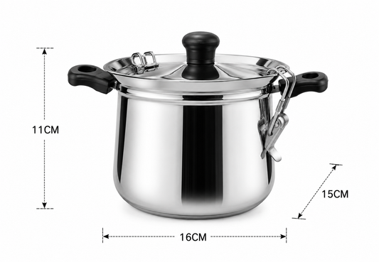 Stainless Steel Rice Steamer with Safety Lock Clip, Strainer Lid & Riveted Handle