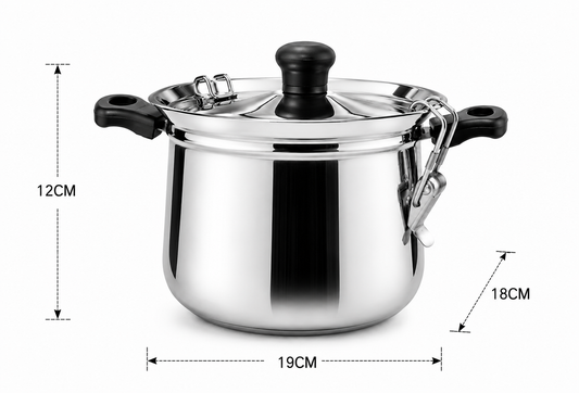 Stainless Steel Rice Steamer with Safety Lock Clip, Strainer Lid & Riveted Handle