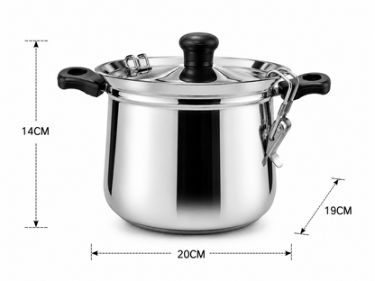 Stainless Steel Rice Steamer with Safety Lock Clip, Strainer Lid & Riveted Handle
