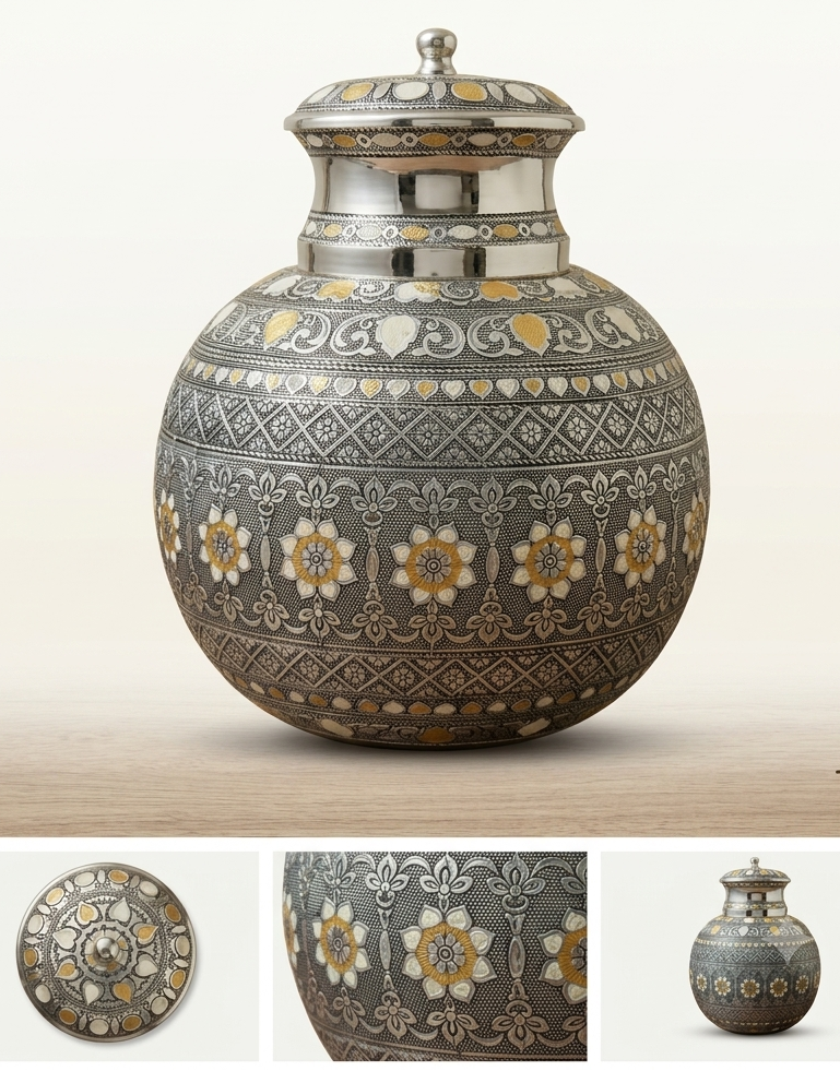 Antique Finish Steel Water Pot with Lid | Decorative Matka & Flower Vase | Handcrafted Gift for Home