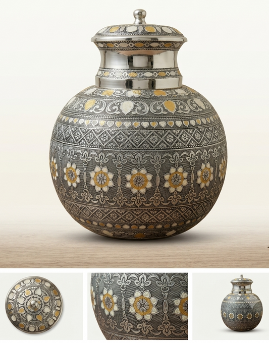 Antique Finish Steel Water Pot with Lid | Decorative Matka & Flower Vase | Handcrafted Gift for Home