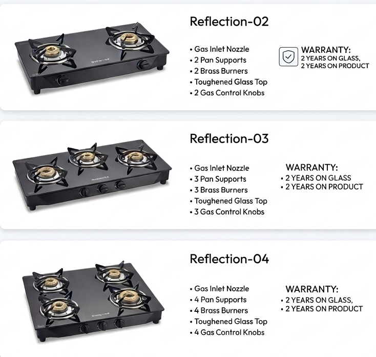 Eleenova 2 Burner Gas Stove with Black Toughened Glass Cooktop