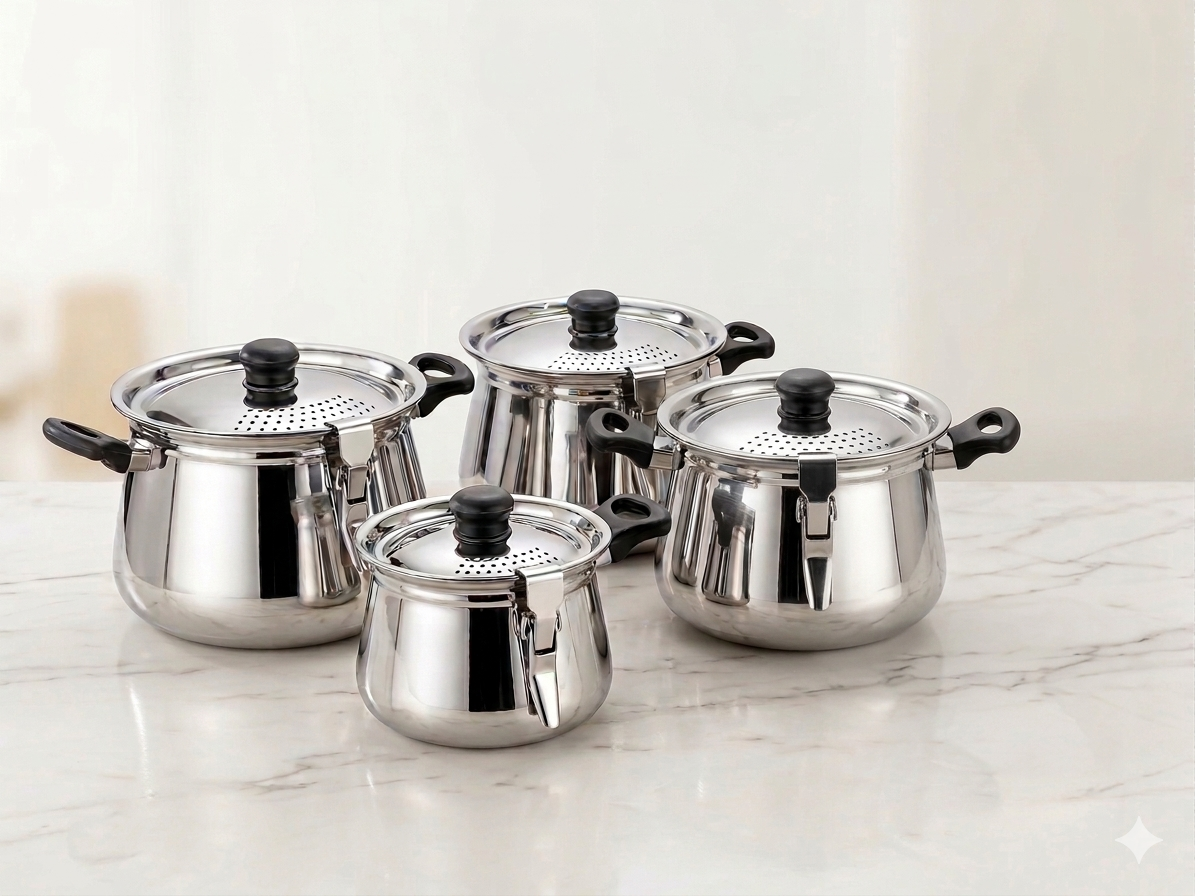 Stainless Steel Rice Steamer with Safety Lock Clip, Strainer Lid & Riveted Handle
