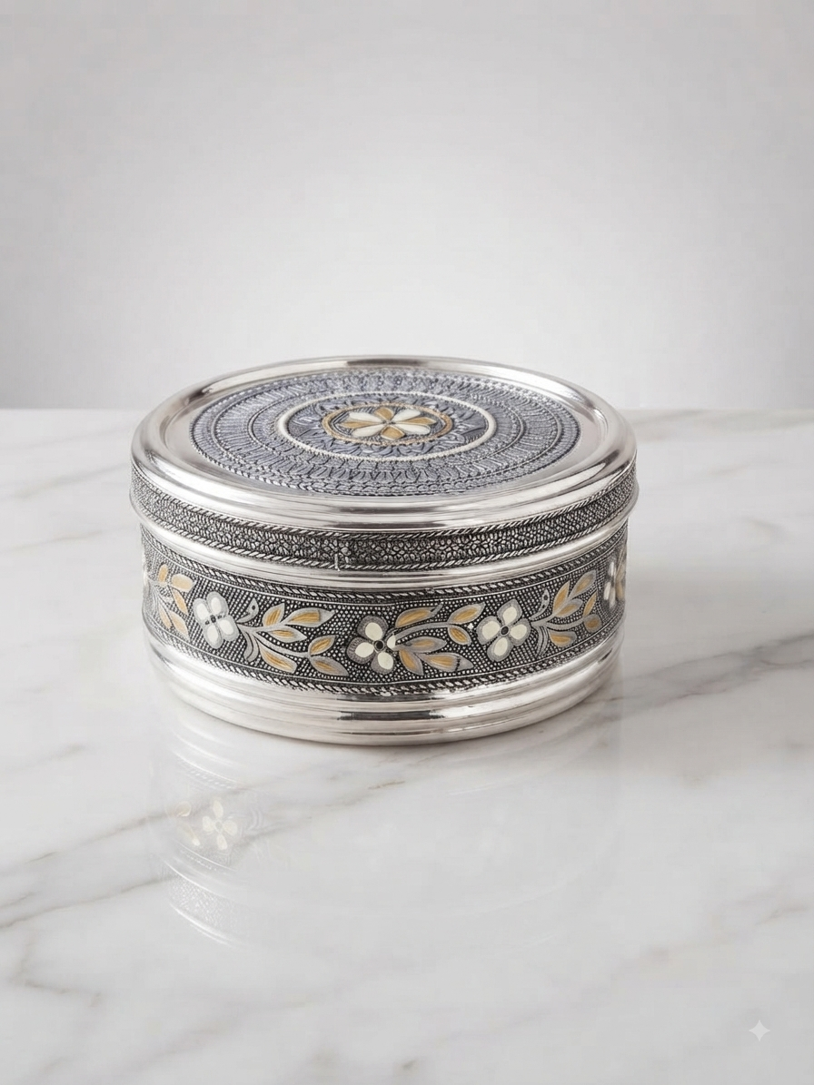 "Antique Nova Puri Box - Traditional Indian Food Storage Container | Vintage Stainless Steel"
