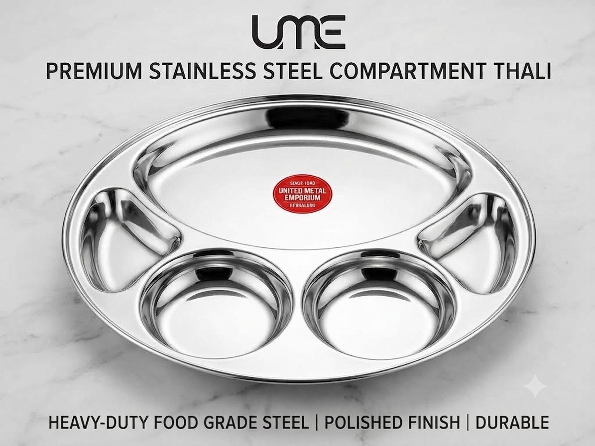 5-in-1 Stainless Steel Compartment Thali Set, 4 Sizes Available