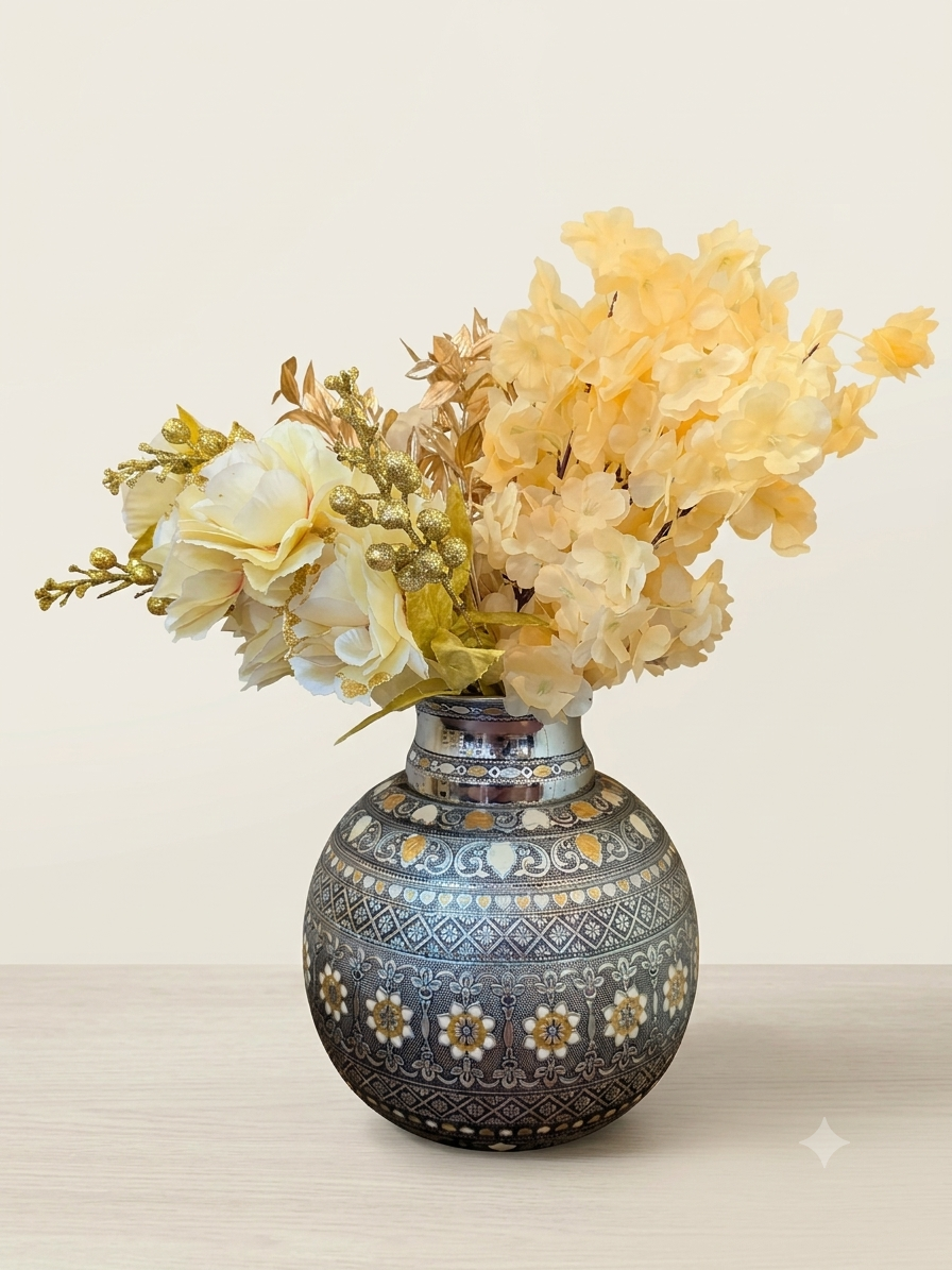 Antique Finish Steel Water Pot with Lid | Decorative Matka & Flower Vase | Handcrafted Gift for Home