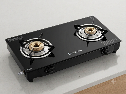 Eleenova 2 Burner Gas Stove with Black Toughened Glass Cooktop