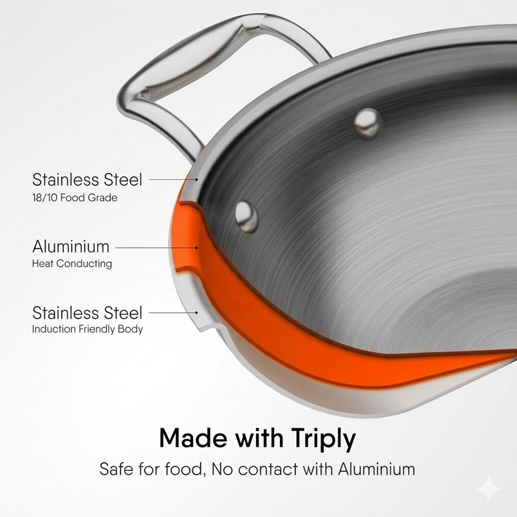 Cheftone Triply Stainless Steel Deep Kadai | Induction & Gas Compatible | No Coating