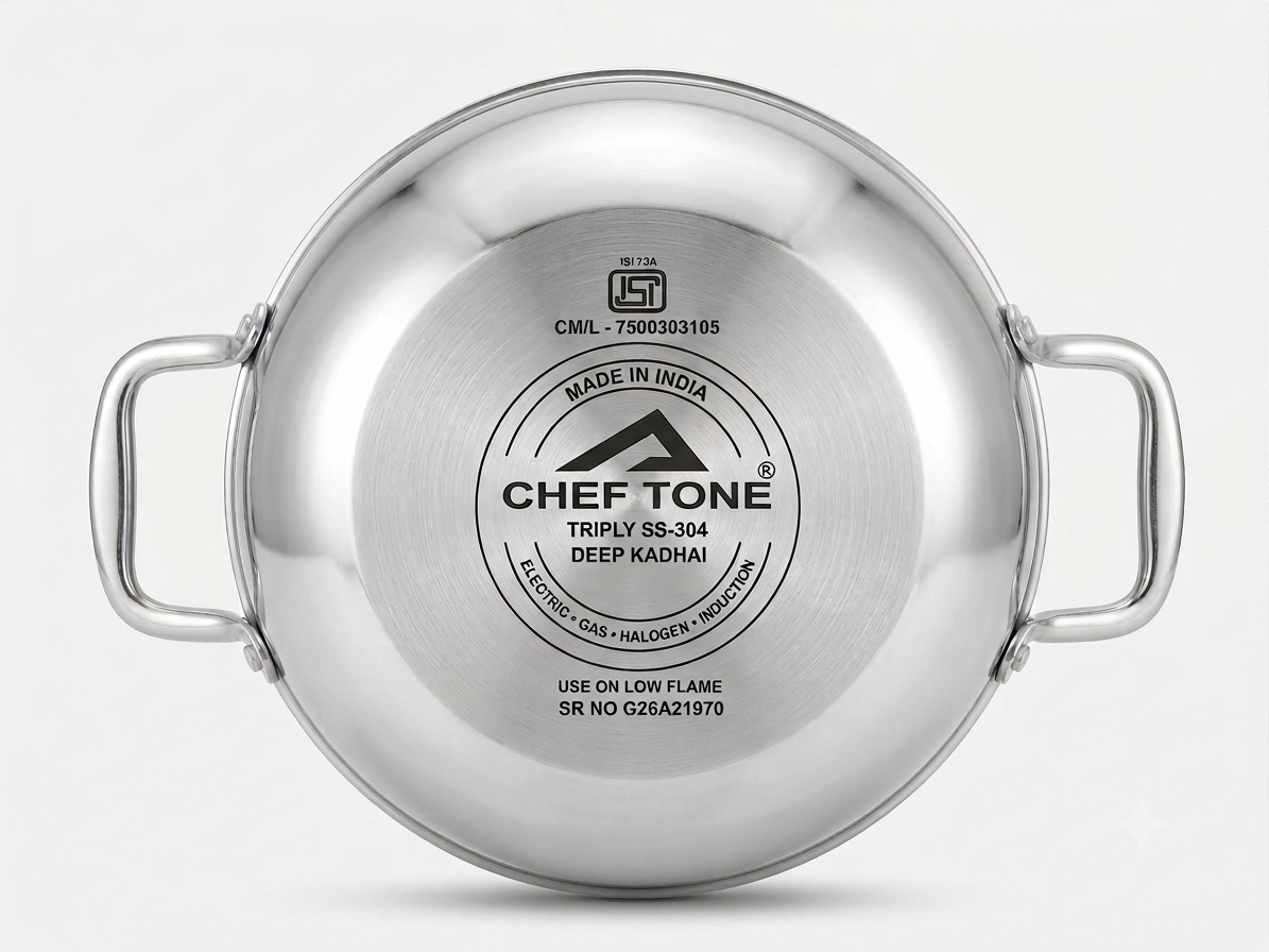 Cheftone Triply Stainless Steel Deep Kadai | Induction & Gas Compatible | No Coating