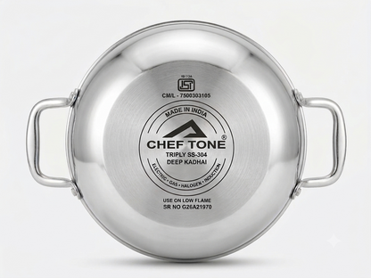 Cheftone Triply Stainless Steel Deep Kadai | Induction & Gas Compatible | No Coating