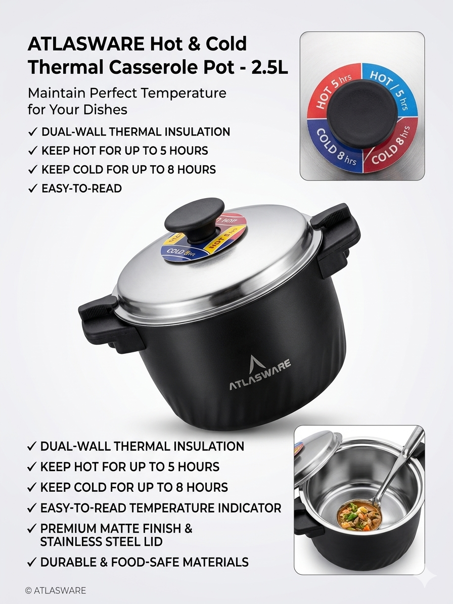 Atlasware Double Wall Casserole — 5 Hrs Hot, 7 Hrs Cold, Zero Reheating