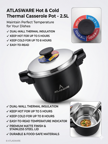 Atlasware Double Wall Casserole — 5 Hrs Hot, 7 Hrs Cold, Zero Reheating
