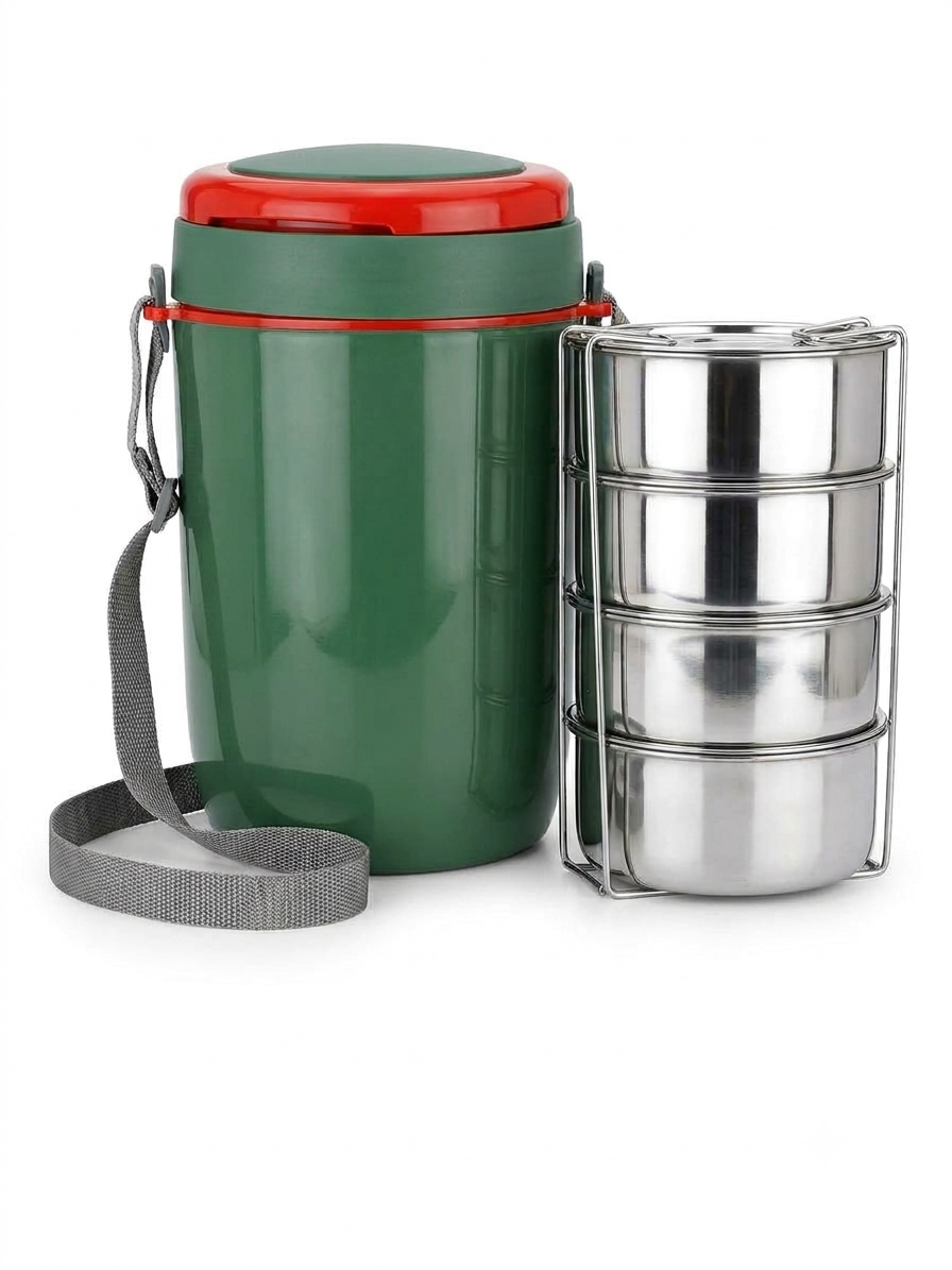 Smart Insulated Tiffin Carrier with 4 Stainless Steel Containers | Hot Lunch Box with Shoulder Strap | Leak-Proof, Office & School