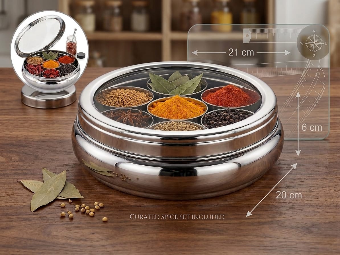 Punjabi Spice Box with Transparent Lid | 7 Spice Containers | Rust-Proof | Stainless Steel Masala Dabba