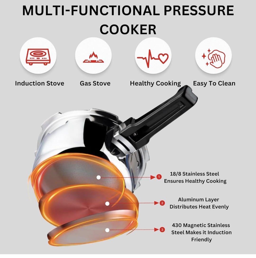 Vinod SS Platinum Triply Pressure Cooker | Induction Compatible | Stainless Steel | Tri-ply