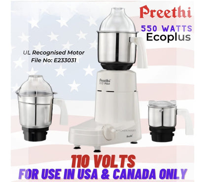 Preethi Eco Plus MG-138 110V, 550 Watt Mixer Grinder With 3 Jars (0.4L, 1L & 1.5L)- Only Use In USA & Canada, White