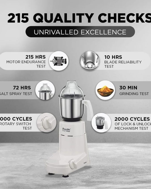 Preethi Eco Plus MG-138 110V, 550 Watt Mixer Grinder With 3 Jars (0.4L, 1L & 1.5L)- Only Use In USA & Canada, White