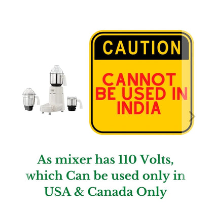 Preethi Eco Plus MG-138 110V, 550 Watt Mixer Grinder With 3 Jars (0.4L, 1L & 1.5L)- Only Use In USA & Canada, White