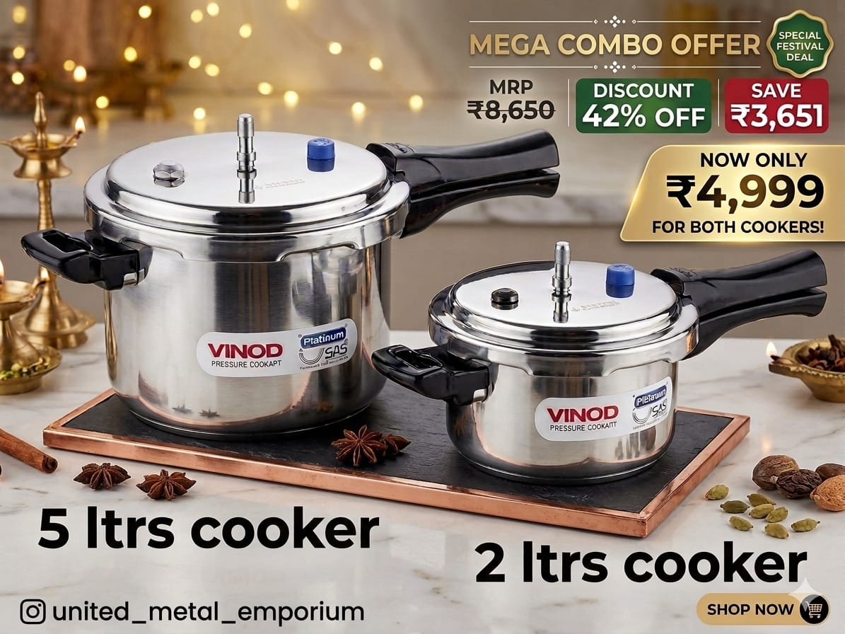 Vinod Platinum Pressure Cooker Combo – 5ltr + 2ltr (Buy 1 Get 1 Free)
